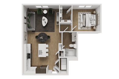 A top-down view of a small apartment with a kitchen, living room, and bathroom.
