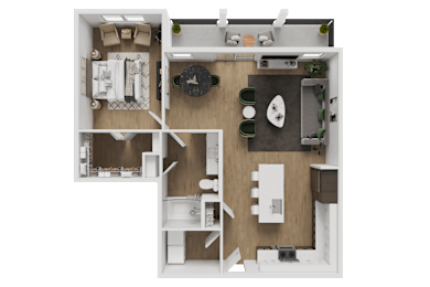A top-down view of a small apartment with a kitchen, living room, and bathroom.