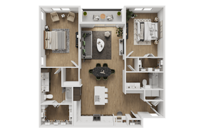A top-down view of a small apartment with a living room, kitchen, and bedroom.