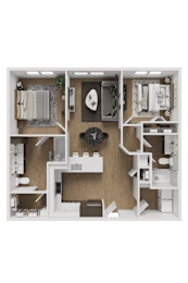 A detailed 3D floor plan of a small apartment layout.