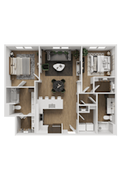 A top-down view of a well-organized apartment layout.