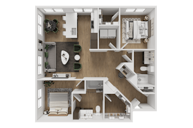 A top-down view of a small apartment with a kitchen, living room, and bathroom.