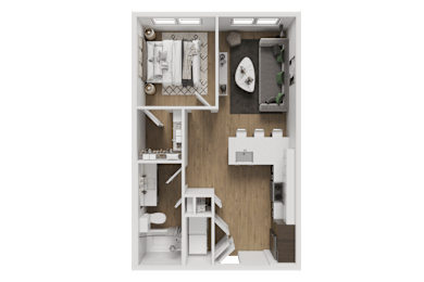 A top-down view of a small, well-organized apartment with a kitchen, bathroom, and living area.