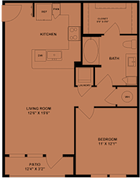 A floor plan of a house with a living room, kitchen, bathroom, bedroom, and laundry area.
