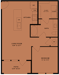 A floor plan of a home with a living room, kitchen, bathroom, bedroom, and patio.