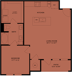 A floor plan of a house showing a living room, kitchen, bedroom, bathroom, and closet.