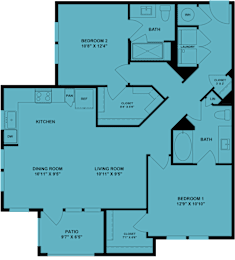 A blueprint of a house layout with labeled rooms and dimensions.