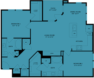 A blueprint of a house layout with labeled rooms and dimensions.