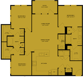 A yellow floor plan of a house with labeled rooms and dimensions.