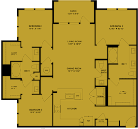 A yellow floor plan of a house with labeled rooms and dimensions.
