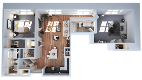 A 3D floor plan of a house with a kitchen, living room, and two bedrooms.