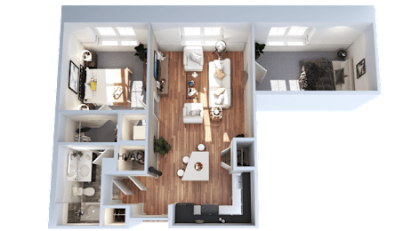 A top-down view of a modern apartment with a kitchen, living room, and bedroom.