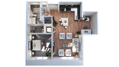 A modern apartment layout with a kitchen, living room, and dining area.