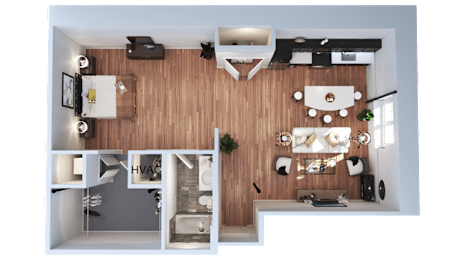 A top-down view of a modern apartment with a kitchen, living room, and bathroom.