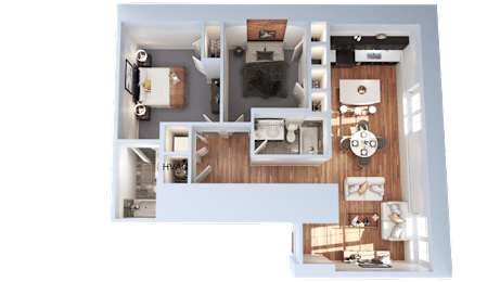 A top-down view of a house interior with a kitchen, living room, and bedrooms.