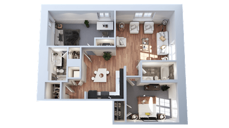 A top-down view of a modern apartment with a kitchen, living room, and bedroom.