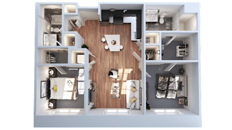 A top-down view of a modern apartment layout with a central kitchen island and surrounding rooms.