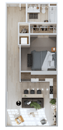 A top-down view of a small apartment with a bed, a desk, and a kitchenette.