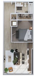 A top-down view of a small apartment with a bed, a couch, a table, and a chair.