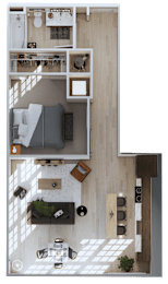 A top-down view of a living room with a couch, coffee table, and a dining area.