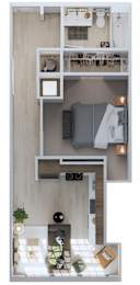 A top-down view of a small apartment with a bed, desk, and kitchenette.