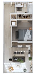 A top-down view of a small apartment with a bed, a couch, and a kitchenette.