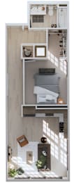 A small room with a bed and a table.