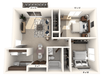 2 Bed 1 Bath Floor Plan at Bavarian Village Apartments, Indianapolis, 46235