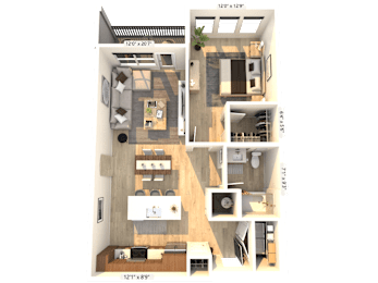 A floor plan of a two-bedroom apartment with dimensions.