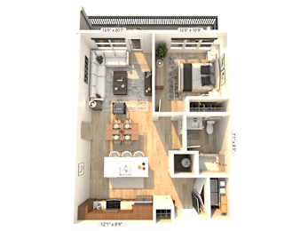 A floor plan of a small apartment with a kitchen, living room, and bedroom.