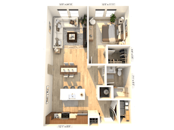 A 3D floor plan of a small apartment with a kitchen, living room, and bedroom.