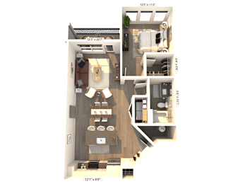 A 3D floor plan of a small apartment with a kitchen, living room, and bathroom.