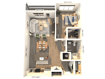 A 3D floor plan of a small apartment with a kitchen, living room, and bedroom.
