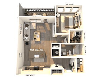 A 3D floor plan of a small apartment with a kitchen, living room, and bedroom.