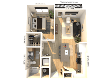 A 3D floor plan of a small apartment with a kitchen, living room, and bedroom.