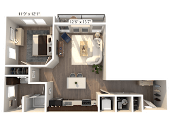 A 3D floor plan of a small apartment with a kitchen, living room, and bathroom