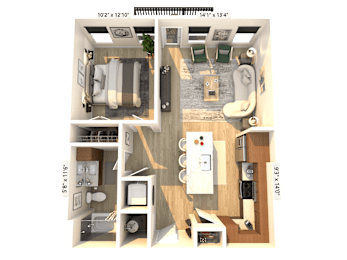 A 3D floor plan of a small apartment with a living room, kitchen, and bathroom.
