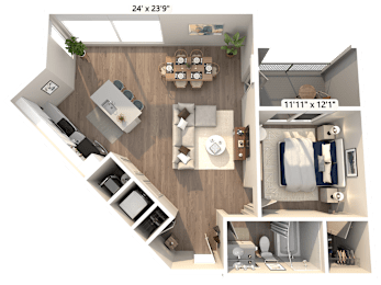 A 3D floor plan of a 1 bedroom apartment with a living room, kitchen, and bathroom