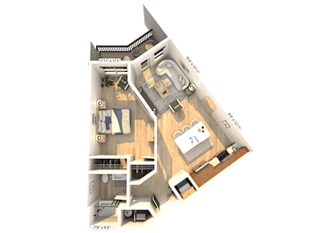 A 3D floor plan of a house with a living room, kitchen, and two bedrooms.