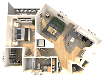 A 3D floor plan of a small apartment with a living room, kitchen, and bathroom.