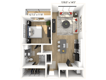 A 3D floor plan of an apartment with a living room, kitchen, and bedroom