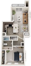 One Bedroom One Bath 3D Floor Plan at Andover Pointe Apartment Homes, La Vista