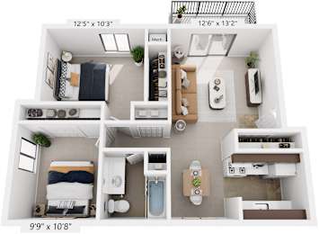 Two Bedroom Deluxe 3D Floor Plan at Apple Ridge Apartments, Michigan, 49534