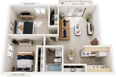 Standard Two Bedroom 3D Floor Plan at Apple Ridge Apartments, Michigan