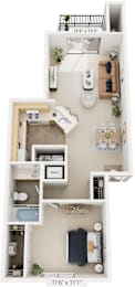 One Bedroom One Bath 2D Floor Plan at Arbor Lakes Apartments, Elkhart, IN