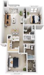 Two bedroom Two Bathroom 3D floor plan at Arbor Lakes Apartments in Elkhart, IN