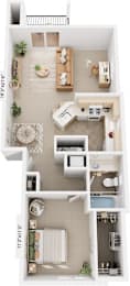 One Bedroom End Floor Plan at Autumn Lakes Apartments and Townhomes, Mishawaka, IN