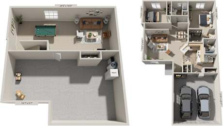 Two bedroom ranch 3D floor plan at Autumn Lakes Apartments and Townhomes, Mishawaka, 46544