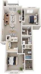 Two bedroom traditional 3D Floor Plan at Autumn Lakes Apartments and Townhomes, Mishawaka, 46544