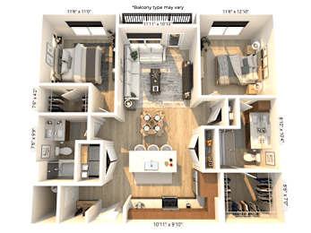 A floor plan of a balcony type may vary is shown.